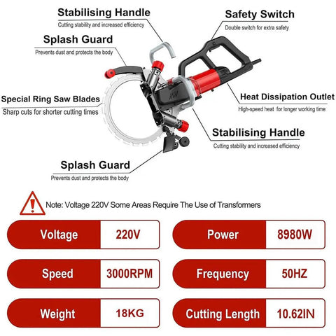 Heavy Duty Knockout Performance 16 Inch Toroidal Concrete Ring Saw Featuring Brushless Copper Motor And Reinforced Titanium Blades For Rapid Wall Chasing And Zero Dust Cleanup with safety switch and stabilizing handle.