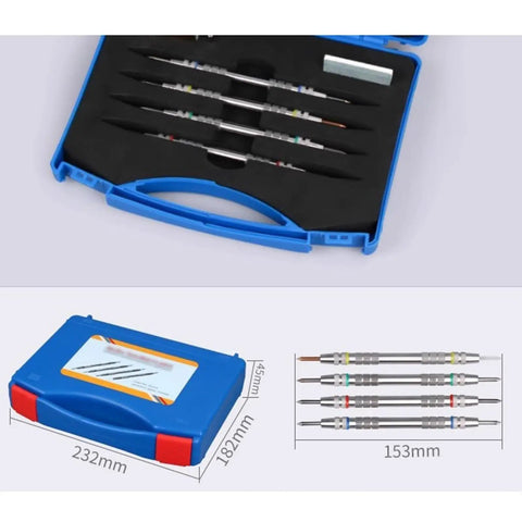 4 Pack Hardness Test Kit For Mineral ID And Jewelry Testing With Stainless Steel Scratch Pens, Dual-Ended 2-9 Mohs Scale, Storage Box, Great For Jade, Glass, And Gemstones. Blue case with four stainless steel dual-ended scratch pens