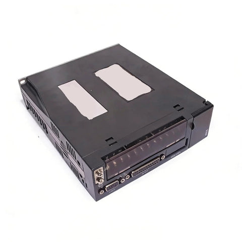 Angled front view of black 220V 1kW AC servo drive module with DB-25 connectors.