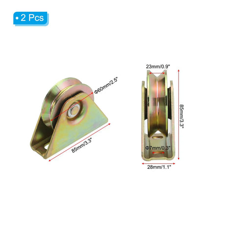 Built Tough 2.5 Inch V Groove Casters 2 Pack Galvanized Steel Slider Rollers shown from the side with dimensions.