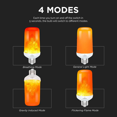 Orange LED Lit Flame Bulbs With Four Modes Indoor Outdoor Use 3W E26 E27 2 Pack showing breathing, general, gravity, and flickering modes