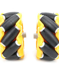 Pair of yellow 80mm TT motor Mecanum wheels with black rollers for DIY robot car