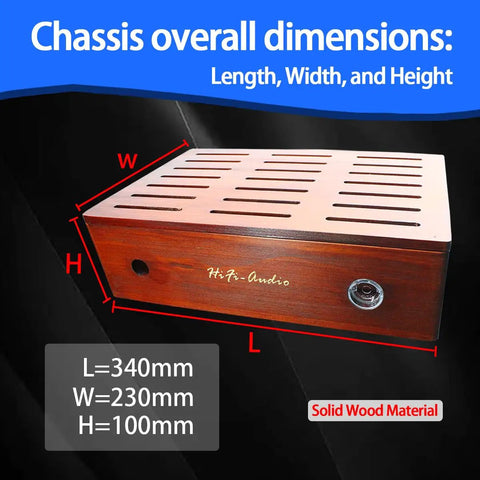 Front view of One Side Heat Dissipation Audio Amplifier Chassis For DIY Projects made of solid wood, size 340x230x100mm.