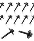 Solid Heavy Hex Head Screws For Fender Wheelhouse Console Replacement Compatible Gm Chevy Camaro Colorado Buick Cruze Set Of Ten Black Finished Fasteners at different angles.