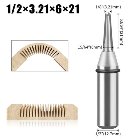 Cool Pro Carbide Router Bit With Tapered Ball Nose For Woodworking pros, 1/2 Inch Shank with dimensions and cutting samples.