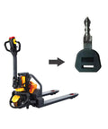 Genuine Apollo Lift Key For Full Electric Lithium Battery Pallet Jack Truck Operation Remote Control Fob next to pallet jack.