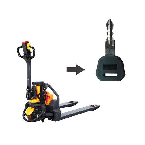 Genuine Apollo Lift Key For Full Electric Lithium Battery Pallet Jack Truck Operation Remote Control Fob next to pallet jack.