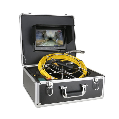 Rock Solid Heavy Duty Industrial Sewer Pipe Inspection Camera With Bright 10 Inch Screen and Rolling Cable Counter in carrying case.