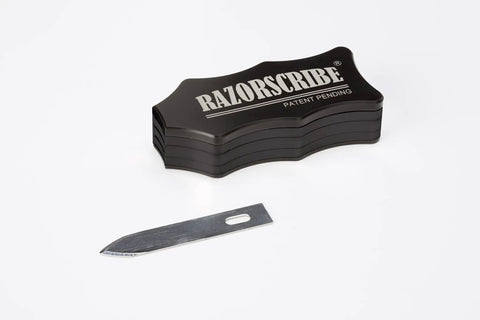 Precision Adjustable Carpentry Scribe Tool With Integrated Stud Detector Featuring Dead On Marking Blade For Ninety Degree Corners and Cramped Spaces Packing Eight Quick Offsets for Top Shelf Layout Work Every Tradesman Gotta Have, displaying the tool and blade.