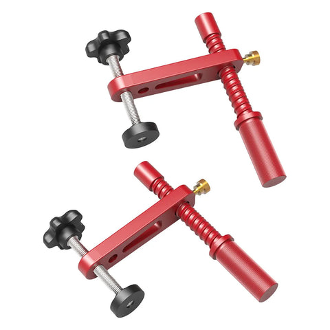 Two Pack Adjustable Bench Dog Clamps For Woodworking, 19mm CNC Machined Aluminum, fits 3/4 inch dog holes, red clamps