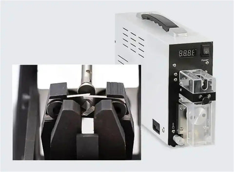 Heavy Duty Electric Wire Stripper For No Mess Cable Prep And Razor Sharp Cutting showing adjustable knobs and blade angle.