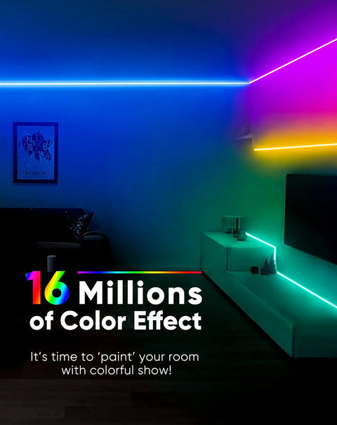 RGB 12V Smart Neon LED Strip Lights With Music Sync, 16.4FT Flexible Silicone Rope in living room lighting up walls in vibrant colors