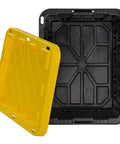 Tough As Nails 5 Gallon Plastic Storage Tote In Black And Yellow with reinforced lid, showing the interior and removable lid.