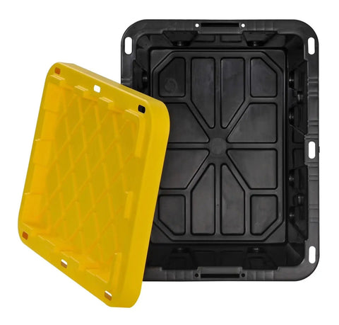 Tough As Nails 5 Gallon Plastic Storage Tote In Black And Yellow with reinforced lid, showing the interior and removable lid.