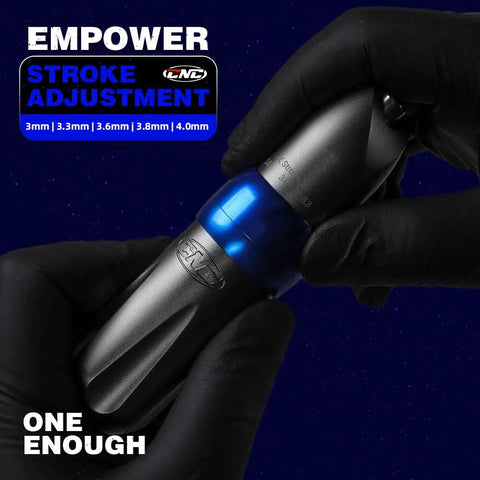 Black-gloved hand holding a gray Rotary Tattoo Pen Machine P6 with adjustable stroke settings and blue LED light