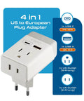 Go To Travel Plug Adapter With USB C And USB Ports, Two USA Sockets, Fast Charging PD QC 3.0, Type C Outlet Adaptor Charger For Spain France Germany Greece Turkey Portugal showcasing dual USB ports and USA sockets