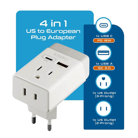 Go To Travel Plug Adapter With USB C And USB Ports, Two USA Sockets, Fast Charging PD QC 3.0, Type C Outlet Adaptor Charger For Spain France Germany Greece Turkey Portugal showcasing dual USB ports and USA sockets