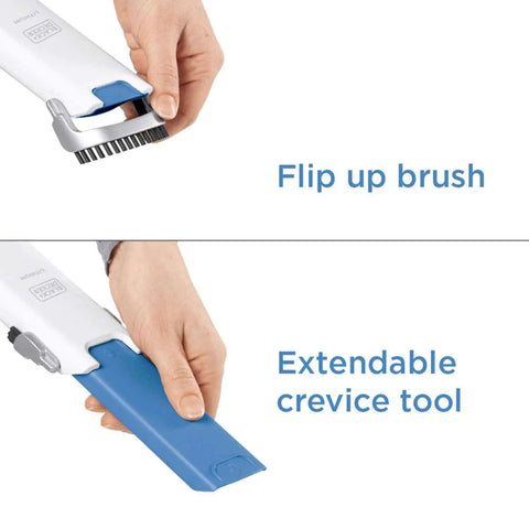 Slick Cordless Dustbuster Handheld Car Vacuum 12V with rotating nozzle and slim crevice tool being extended in hand.
