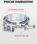 V Band Clamp Quick Release Set Stainless Steel With Flange For Exhaust Systems Turbo Downpipes And High Pressure Applications 3 Inch Male And Female Fit Heavy Duty Pro Grade Mild Steel Easy Install showing precise measurements
