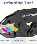 Close-up of Automatic Wire Stripper And Crimping Tool For AWG 24-10 Wire with color-coded connectors visible.