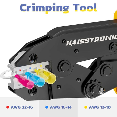 Close-up of Automatic Wire Stripper And Crimping Tool For AWG 24-10 Wire with color-coded connectors visible.
