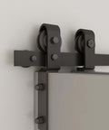 Sliding hardware kit for Unfinished 30 Inch By 84 Inch Wood Bi Fold Barn Door DIY Install, showing rollers and track on a wall.
