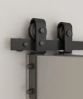 36 Inch By 84 Inch DIY Wood Bi-Fold Barn Door Kit With Carbon Gray Stain, slick sliding hardware close-up on wall