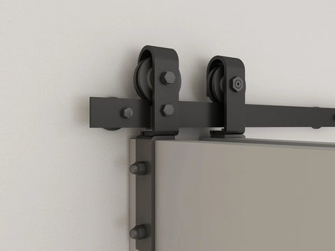 36 Inch By 84 Inch DIY Wood Bi-Fold Barn Door Kit With Carbon Gray Stain, slick sliding hardware close-up on wall
