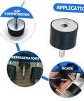 Heavy Duty Round Rubber Vibration Damping Mounts Four Pack Rock Solid Anti Shock Isolation Pads For Air Compressors And Shop Engines High Elasticity No Hassle Mounting Brackets, shown individually and in use for various applications.