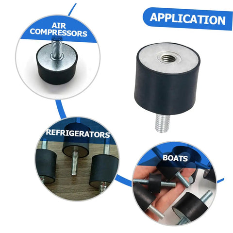 Heavy Duty Round Rubber Vibration Damping Mounts Four Pack Rock Solid Anti Shock Isolation Pads For Air Compressors And Shop Engines High Elasticity No Hassle Mounting Brackets, shown individually and in use for various applications.