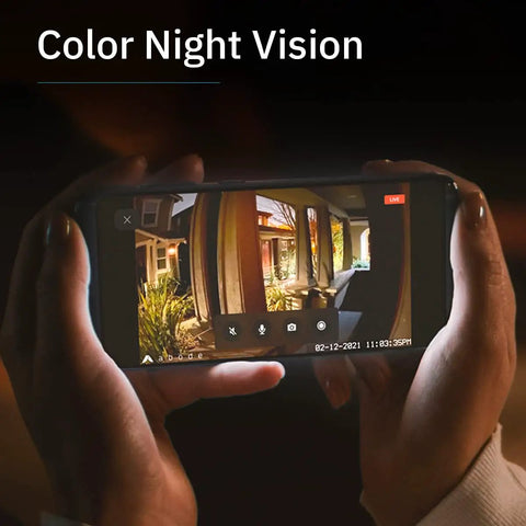 Hands holding phone showing video from Cam 2 Indoor Outdoor WiFi Security Camera With Full Color Low Light Video, Motion Detection