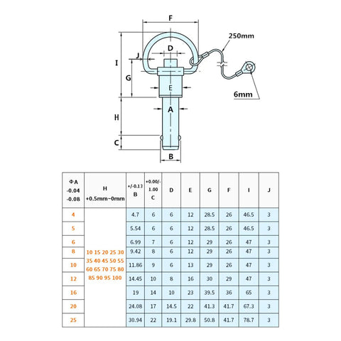 Technical diagram of Quick Release Pin Stainless Steel 4mm 5mm Spring Ball Lock Pin dimensions and specifications.