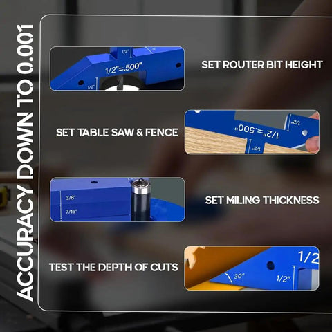Pro Grade Woodworking Setup Blocks Kit With 0.001 Inch Accuracy showing router table setup bars and height gauge in use