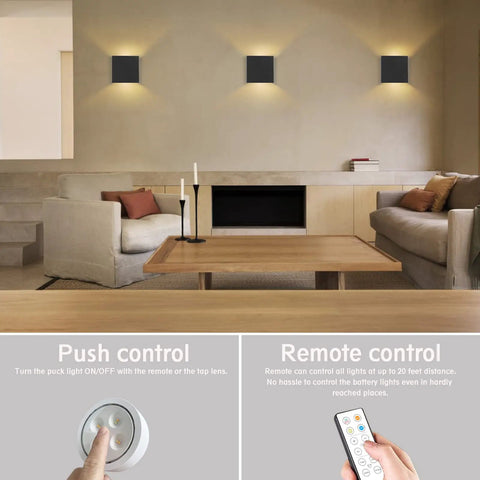 Cordless LED Cube Wall Sconces With Remote Dimmable Up And Down Lighting Eye Friendly Brightness Warm to White Indoor Black 3 Pack