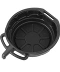 The Ultimate Heavy Duty Oil Drain Pan Kit Holds Four Gallons With Non Spill Pour Spout For Easy Car Maintenance And Fluid Catching During Coolant Changes. Black plastic oil drain pan with handles, top view.