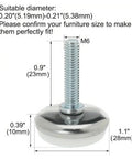 32 Pack M6 Screw On Furniture Glide Leveling Feet Adjustable Levelers dimensions annotated for size.