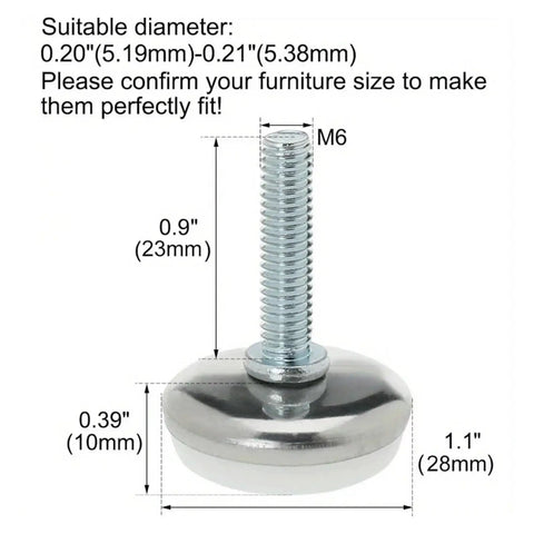 32 Pack M6 Screw On Furniture Glide Leveling Feet Adjustable Levelers dimensions annotated for size.