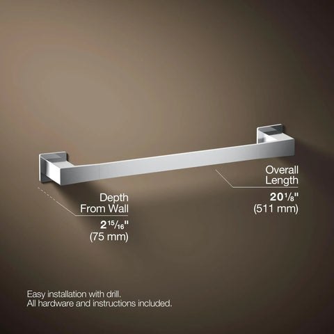 Honesty 18 Inch Towel Bar Polished Chrome For Modern Bathrooms wall mounted with dimensions shown on brown background