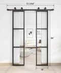 Double Barn Door Set 36 By 84 With 6Ft Hardware Kit And Soft Close Includes Two 18 By 84 Three Pane Clear Tempered Glass Panels Carbon Steel Frame Easy Assembly No Fuss Install Modern Rustic Look For Hallway Or Living Space, front view in living room