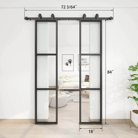 Double Barn Door Set 36 By 84 With 6Ft Hardware Kit And Soft Close Includes Two 18 By 84 Three Pane Clear Tempered Glass Panels Carbon Steel Frame Easy Assembly No Fuss Install Modern Rustic Look For Hallway Or Living Space, front view in living room