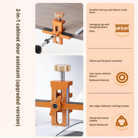 Effortless Cabinet Door Installation Positioner with aluminum build, adjustable clamp system, ideal for door alignment.