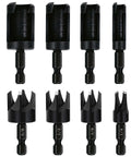 Front view of Bromirix 8-piece black wood plug cutter drill bit set with 1/4 in hex shanks (sizes 1/4-5/8 in)