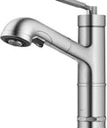 Allyn Pull-Out Single Handle Kitchen Faucet In Spot-Free Stainless Steel with Diamond Knurl Craftsman Style, side view close-up.
