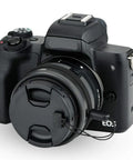 Camera with Two-Pack 49mm Front Lens Cap With Keeper For Canon R100 R50 R10 And RF-S Kit Lenses EF 50mm f1.8 RF-S 10-18mm f4.5-6.3 STM