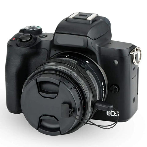Camera with Two-Pack 49mm Front Lens Cap With Keeper For Canon R100 R50 R10 And RF-S Kit Lenses EF 50mm f1.8 RF-S 10-18mm f4.5-6.3 STM