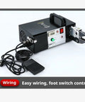 HCZKIUJ Electric Wire Stripping And Crimping Machine With 7 Die Sets For Cold Terminals showing foot switch and control panel.