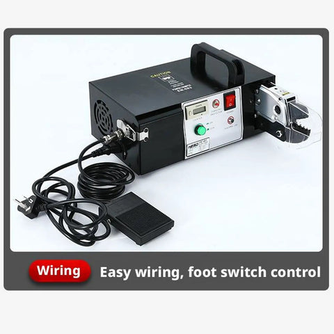HCZKIUJ Electric Wire Stripping And Crimping Machine With 7 Die Sets For Cold Terminals showing foot switch and control panel.