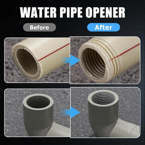 Heavy Duty Pipe Thread Cutter And PVC Threading Tool Kit For All Electric Drills Pro Grade Carbon Steel Dual Function Internal And External Threader For One Half Inch And Three Quarter Inch PVC Pipes Easy To Use At Home Or DIY Friendly Workshop showing before and after threaded PVC pipes.