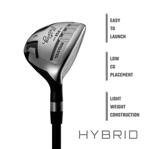 Mustang MK7 14 Piece Complete Golf Club Package Set For Righties Hybrid Club Close-Up Image With Easy To Launch Text