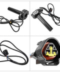 Imitation Carbon Fiber Throttle Handle Kit With Quick Twist Grips And Cable For Electric Dirt Bikes Plug And Play Compatible With Sur Ron X Series X160 X260 Light Bee, showing four angles including close-up of connector.